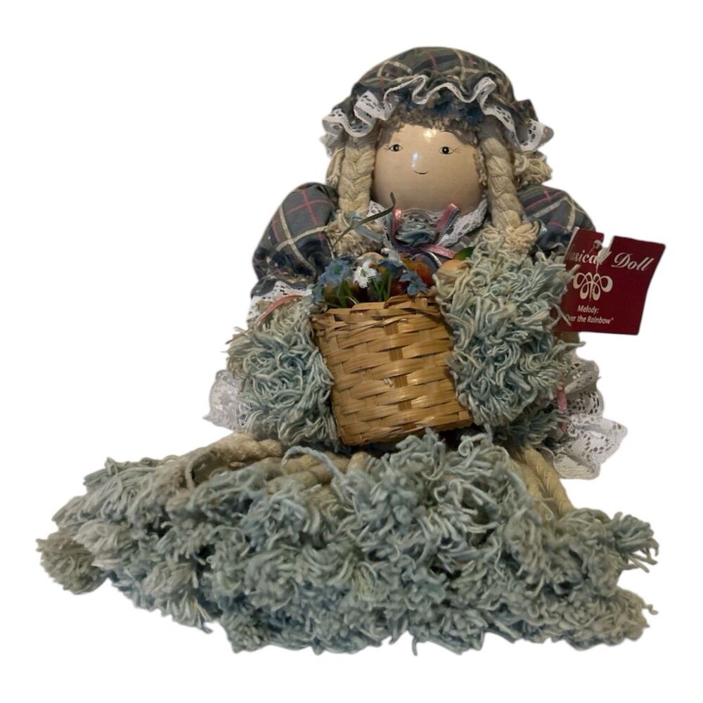 Vtg Mop Rag Mop Doll Wooden Head Musical Wind-Up Plays Over The Rainbow